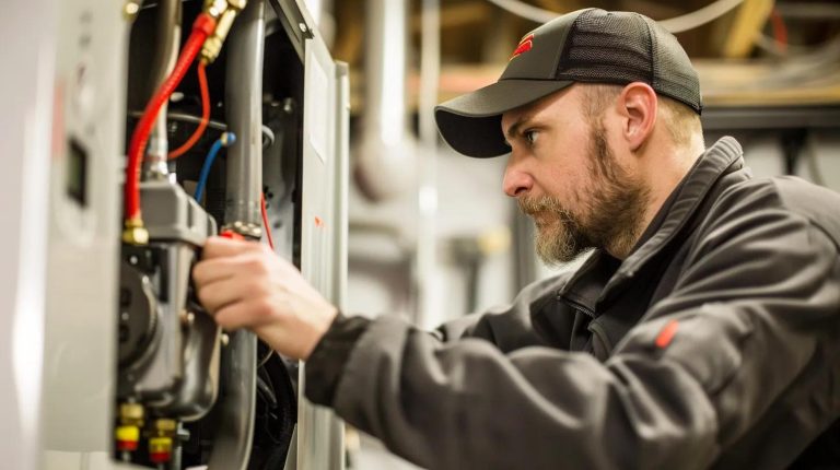 Technician performing emergency furnace repair in Meridian, ID home
