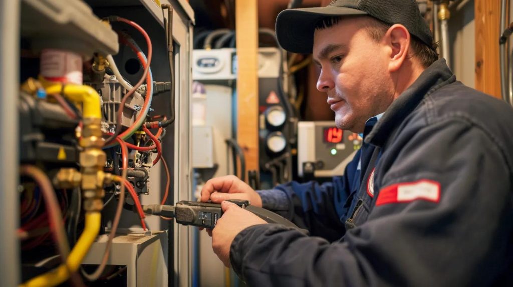 Technician checking furnace for Nampa heating system warning signs