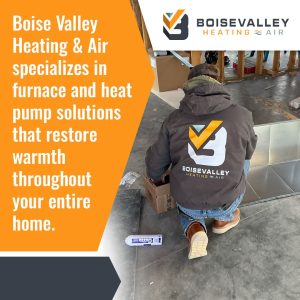 Heating technician installing indoor ductwork and HVAC components, promoting furnace and heat pump solutions for whole-home warmth.