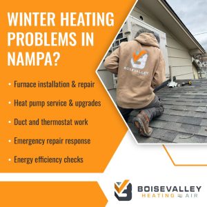HVAC technician working on an outdoor heat pump unit on a roof, advertising winter heating repair and furnace services in Nampa.