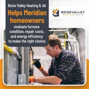 Boise Valley Heating & Air technician inspecting a residential furnace to evaluate repair and efficiency in Meridian, Idaho.