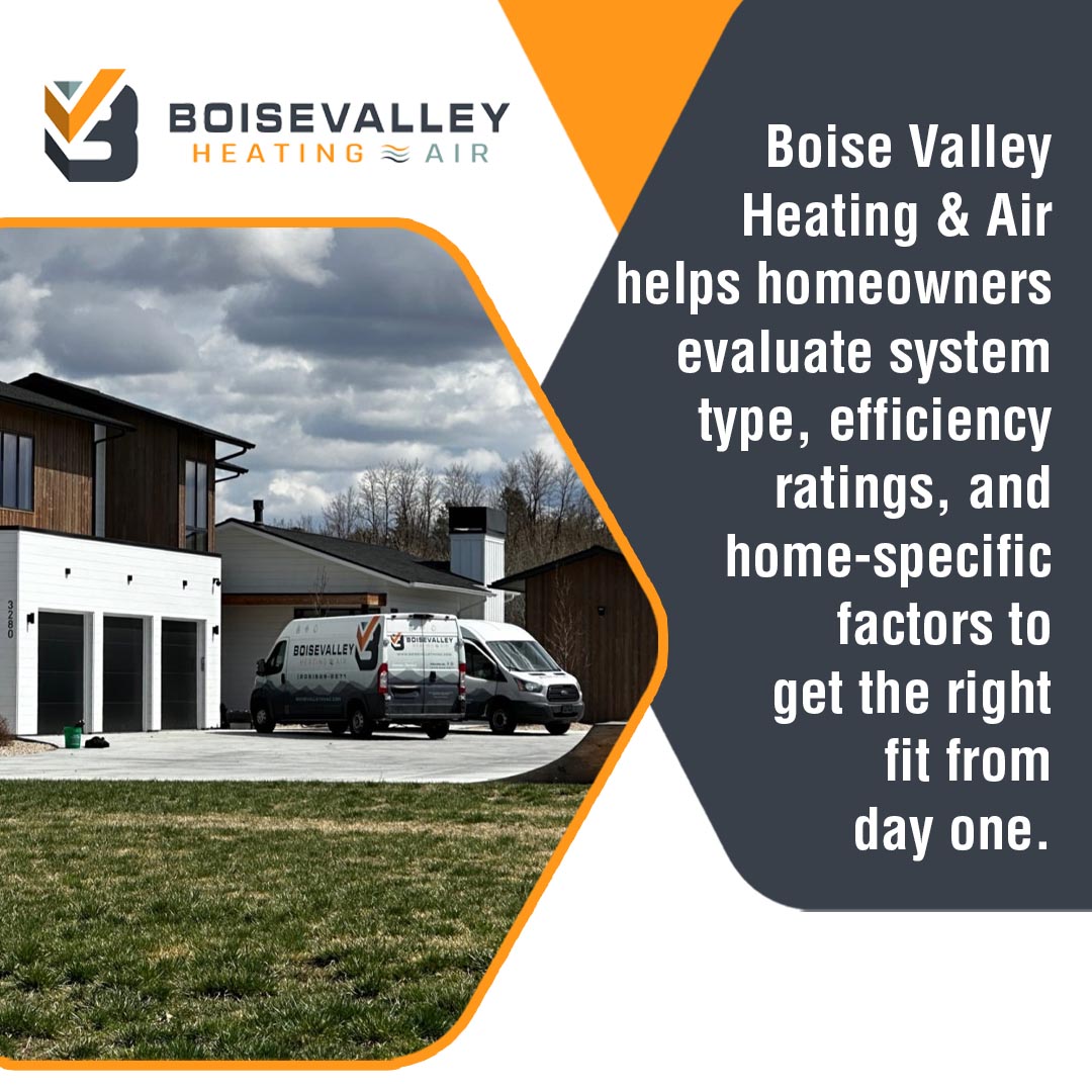 Boise Valley Heating and Air service vans at residential home helping homeowners choose the right HVAC system for efficiency and comfort