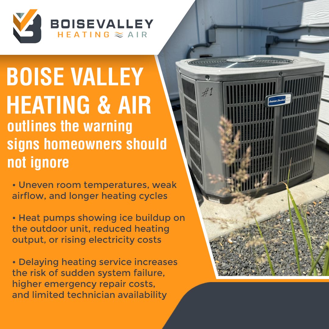 Boise Valley Heating and Air outdoor HVAC unit with warning signs like uneven temperatures weak airflow and rising energy costs