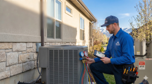 A Boise Valley HVAC technician in a blue uniform uses a tablet and diagnostic gauges to service a residential outdoor air conditioning unit in Meridian, ID.