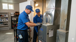 Two professional Boise Valley Heating & Air technicians wearing branded blue uniforms lower a new American Standard gas furnace into a residential utility closet, guiding it precisely into place for installation in Meridian, ID.