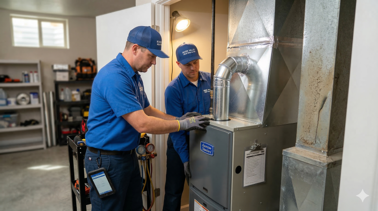 Two professional Boise Valley Heating & Air technicians wearing branded blue uniforms lower a new American Standard gas furnace into a residential utility closet, guiding it precisely into place for installation in Meridian, ID.