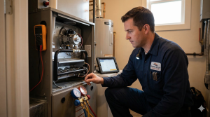 A professional Boise Valley Heating & Air technician in a blue uniform inspecting the burner ignition system of a residential furnace in a utility closet, diagnosing common signs of furnace issues.