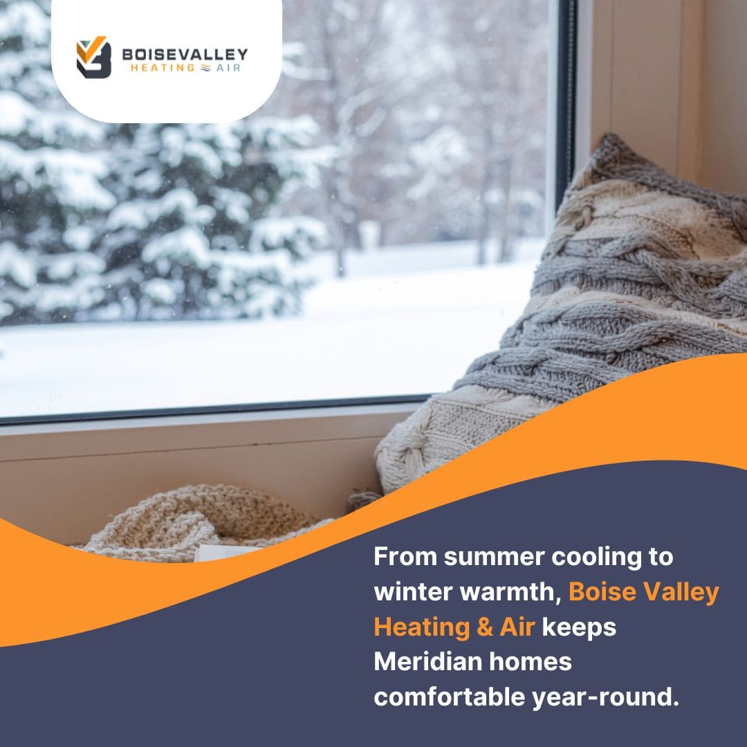 A cozy indoor window view of snow, representing Boise Valley Heating & Air’s year-round comfort services in Meridian.