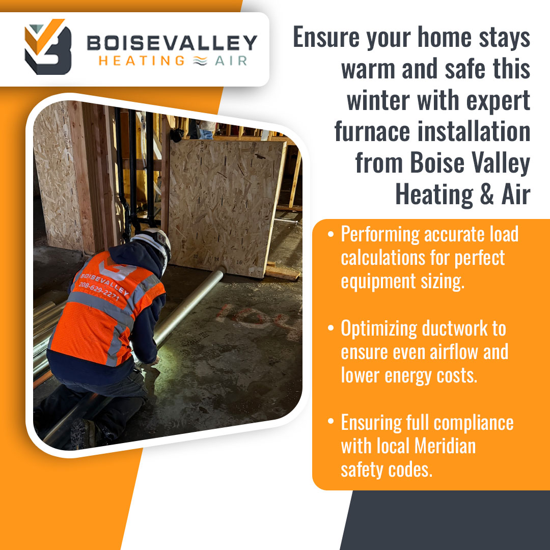 HVAC technician installing furnace ductwork for proper airflow in Meridian Idaho home