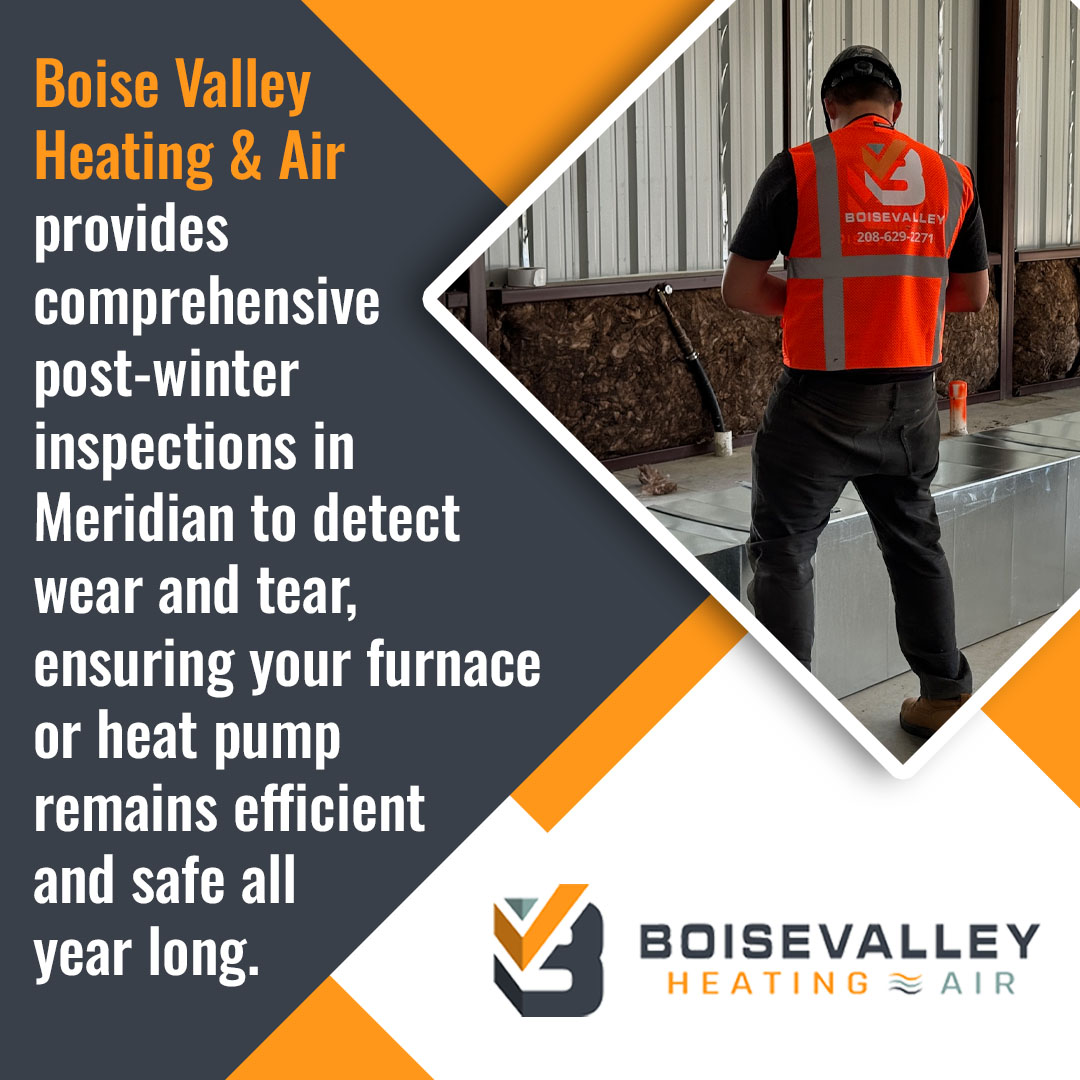 HVAC technician inspecting ductwork system during post-winter maintenance in Meridian Idaho