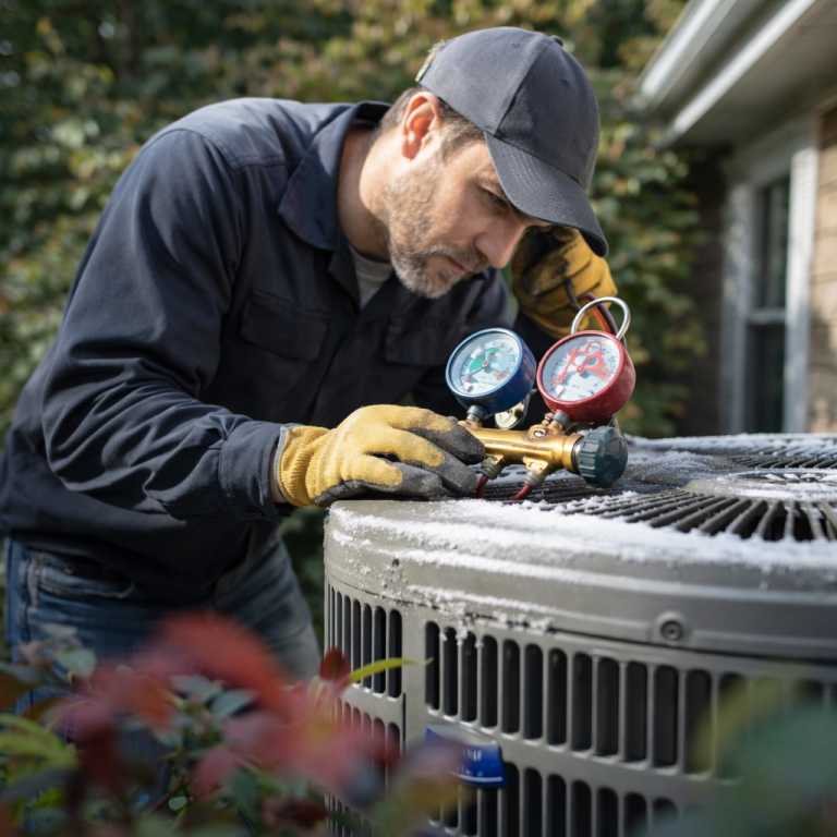 HVAC technician inspecting outdoor air conditioning unit with gauges in Meridian Idaho home