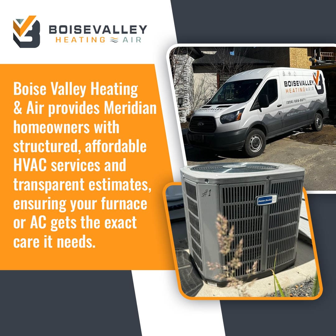 A Boise Valley Heating & Air service van parked near a residential AC unit, highlighting structured and affordable HVAC services for Meridian homeowners.