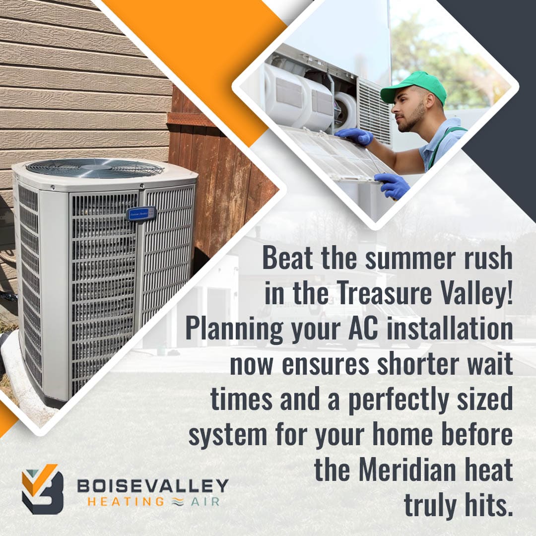 An outdoor air conditioning condenser unit next to a home, featuring a technician performing a seasonal AC check to beat the summer heat in Treasure Valley.