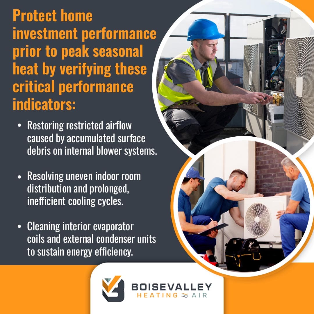 HVAC technicians conducting critical performance indicator checks and cleaning condenser units to prepare for peak seasonal heat.