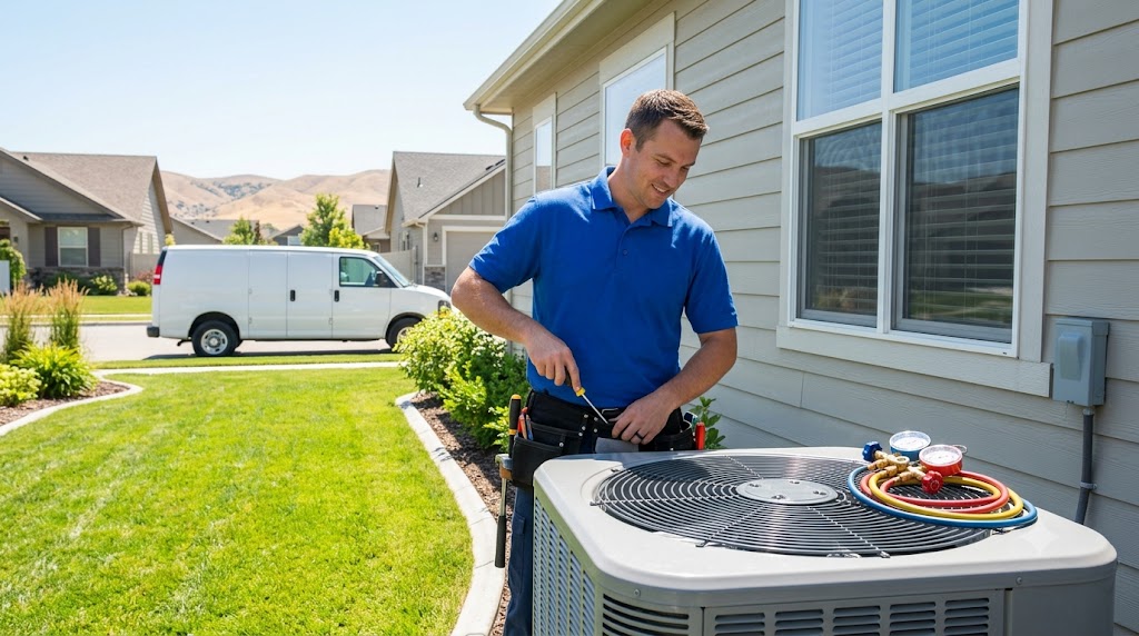 An HVAC technician performing summer AC maintenance and repair on a residential outdoor air conditioning unit at a home in Nampa.