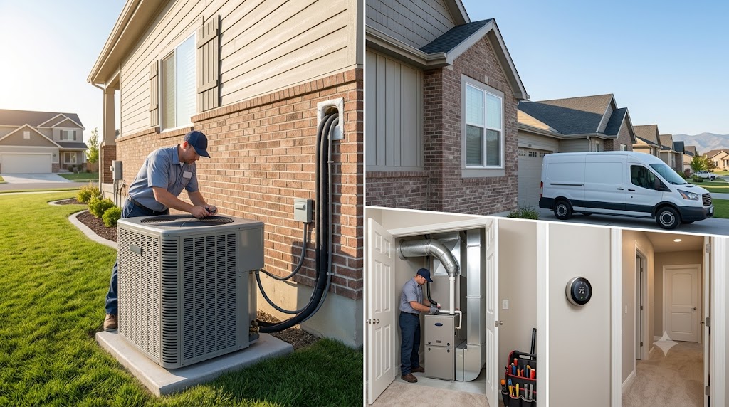 A professional technician performing a residential HVAC installation in Nampa, featuring an outdoor air conditioning unit, an indoor furnace, a smart thermostat, and a company service van outside a home.