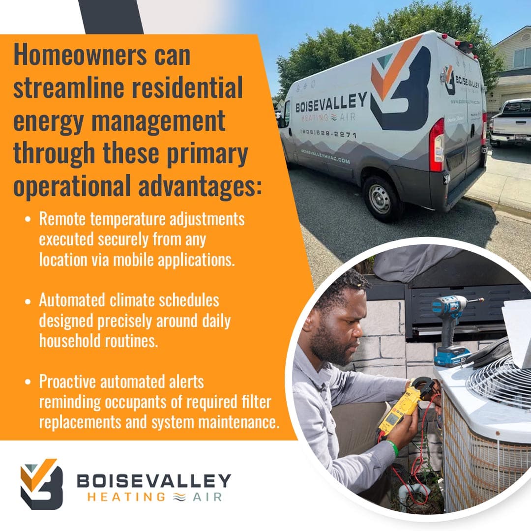 HVAC technician performing maintenance on a residential outdoor air conditioning unit while providing smart home energy management solutions.