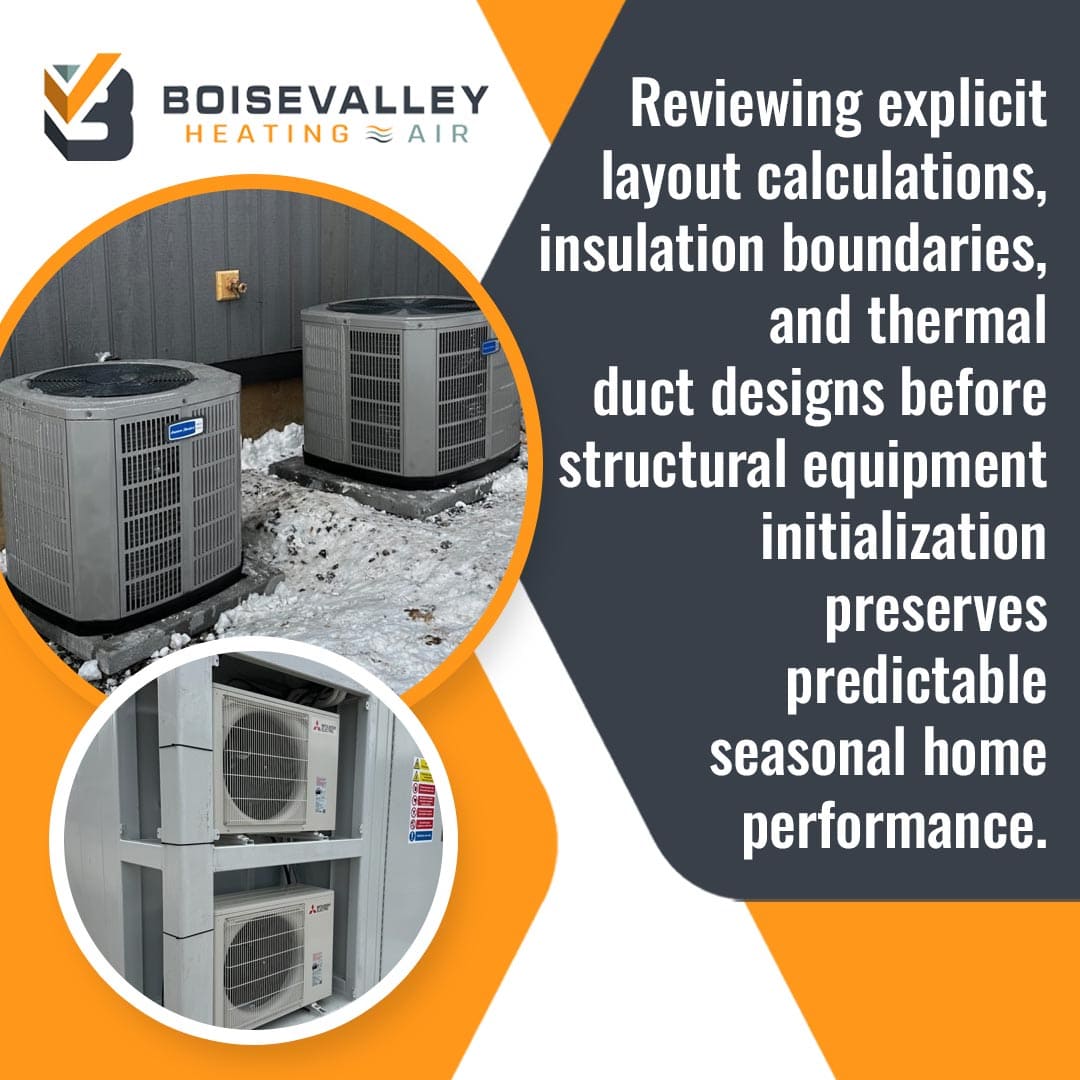 Information on HVAC layout calculations and thermal duct designs for seasonal home performance, displaying outdoor air conditioning units operating in snowy winter conditions.